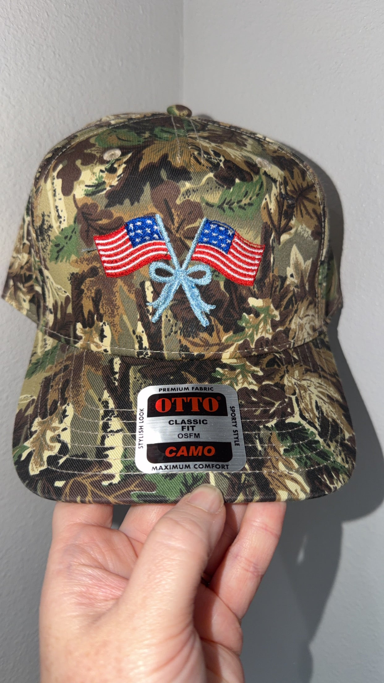Camo hat American flags with bow embroidery