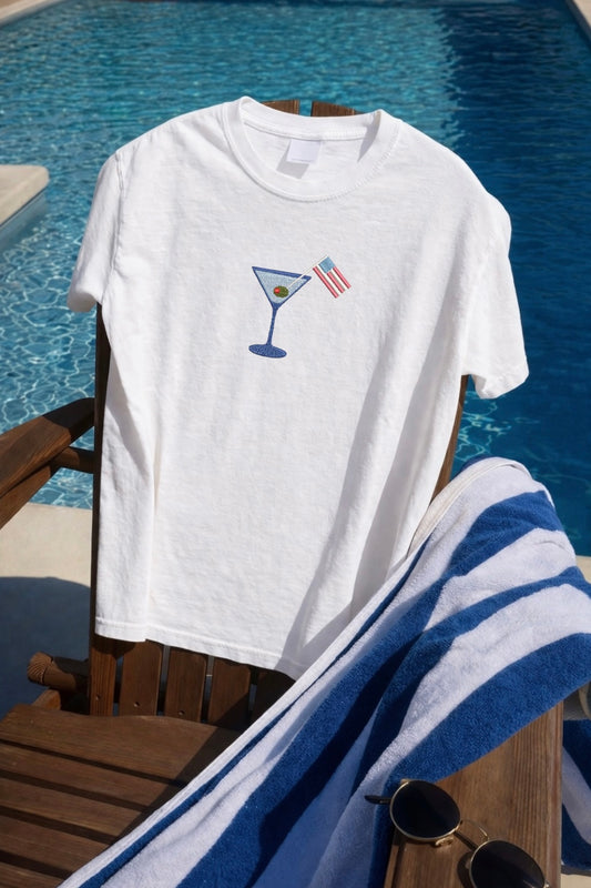 American Flag Martini Embroidered Tee