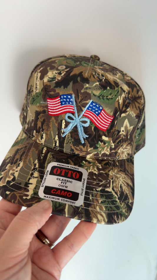 Camo hat American flags with bow embroidery